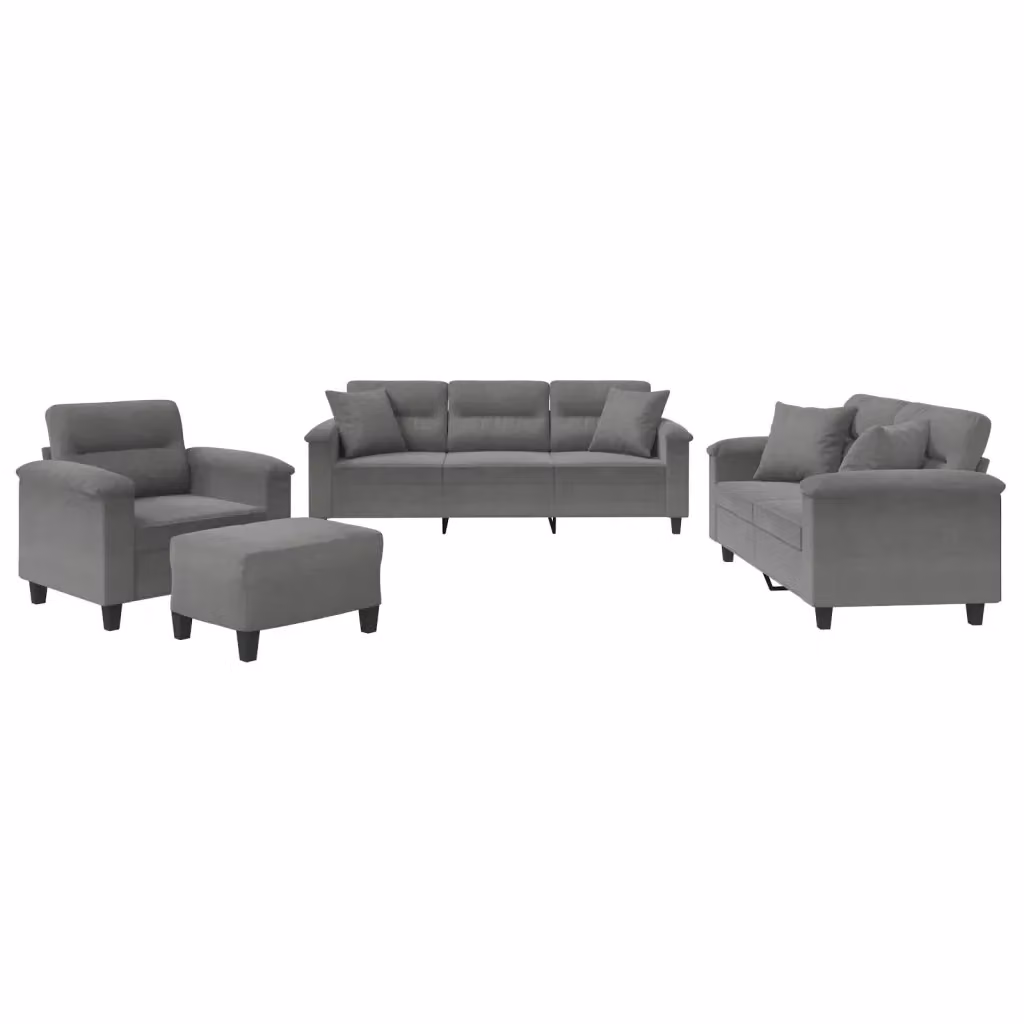 Set di Divani 4 Pezzi vidaXL in Microfibra Grigia con Cuscini e Pouf per Soggiorno – 2