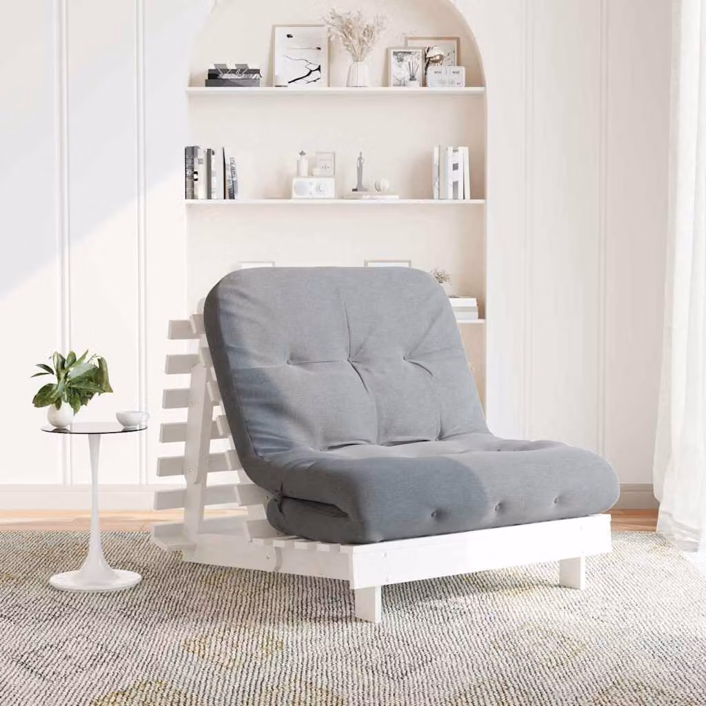 vidaXL Divano Letto Futuro con Materasso in Schiuma Bianco e Grigio, Struttura in Legno di Pino Rustico, L 206 x P 80 x H 11 cm – 1