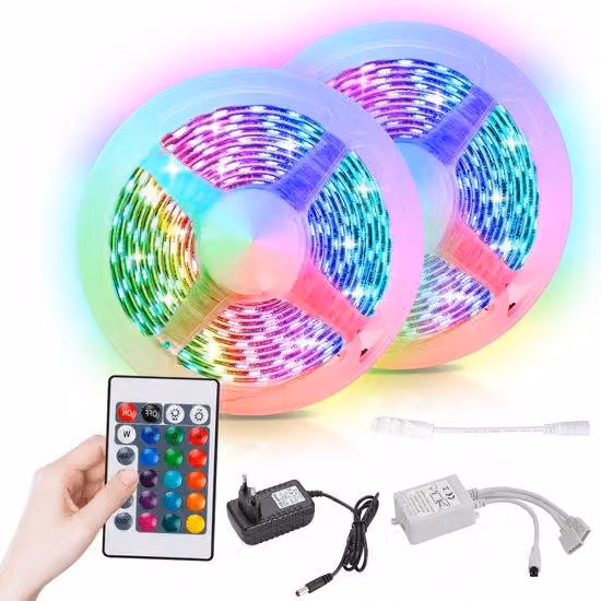 Strisce LED 5050 RGB da 10 metri - 2x5 metri - 24 tasti - Dimmerabili - Autoadesive - Telecomando - Illuminazione d'atmosfera per soggiorno, camera da letto e postazioni da gioco