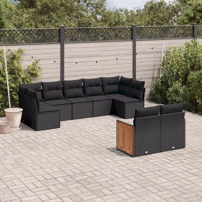 vidaXL Set Divani da Giardino a L 9 pz con Cuscini Nero in Polyrattan e Struttura in Acciaio