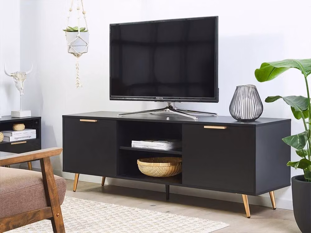 Mobile TV Beliani Nero e Oro per schermi fino a 75 pollici con ripiani e armadietti in metallo e legno L: 166 cm, P: 40 cm, H: 57 cm – 2