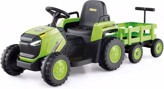 Trattore elettrico per bambini con rimorchio staccabile e telecomando, colore verde, L: 144 cm, P: 52 cm, H: 53 cm