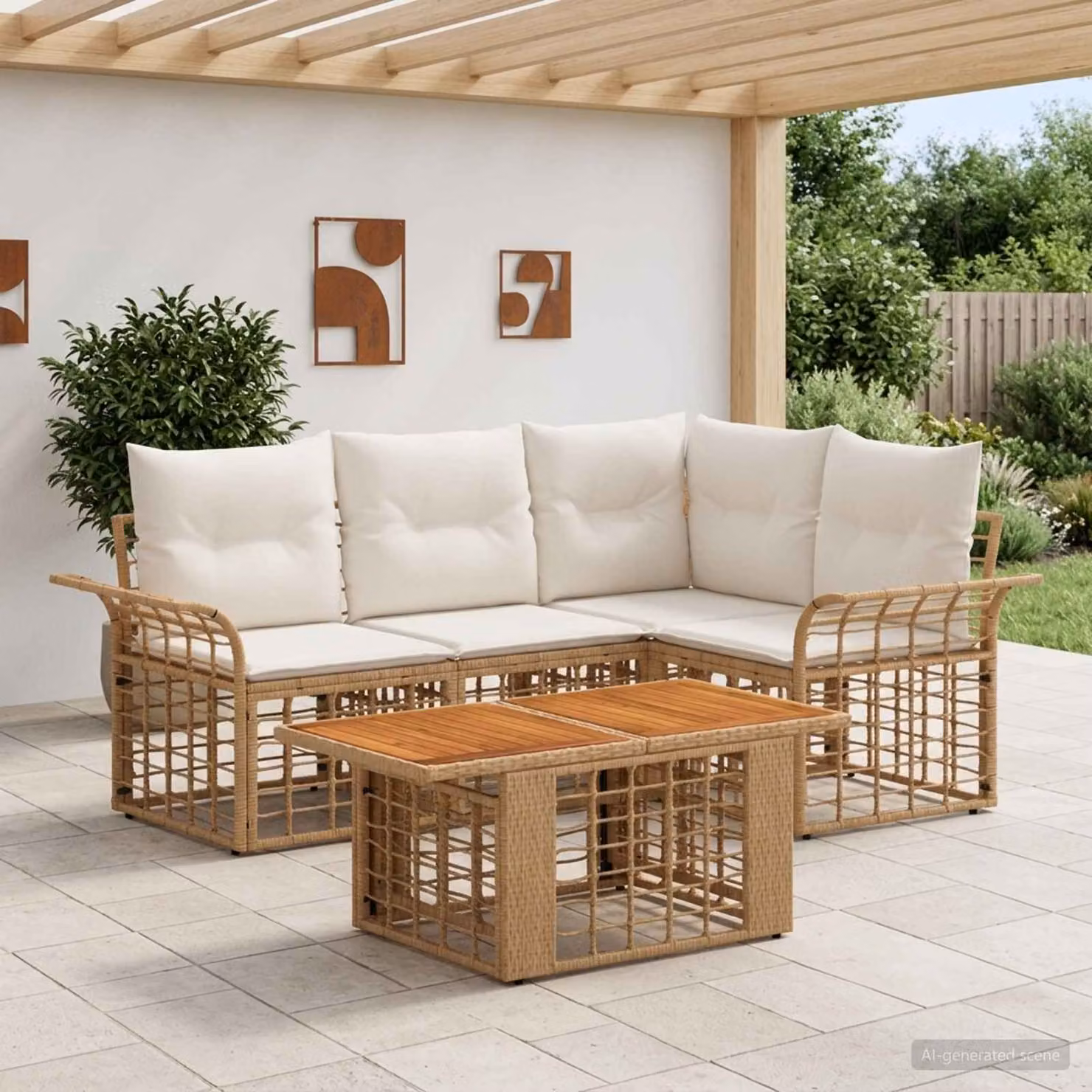 Set Divano da Giardino vidaXL 5 Pezzi in Polyrattan con Tavolino e Cuscini, Colore Naturale e Bianco Crema