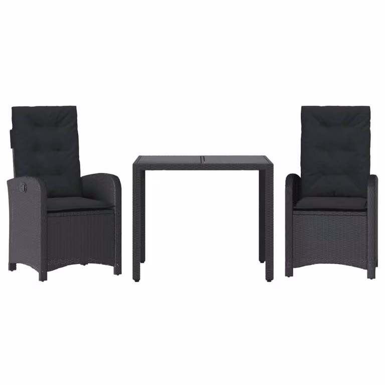 Set da Pranzo da Giardino 3 pz con Cuscini Nero in Polyrattan