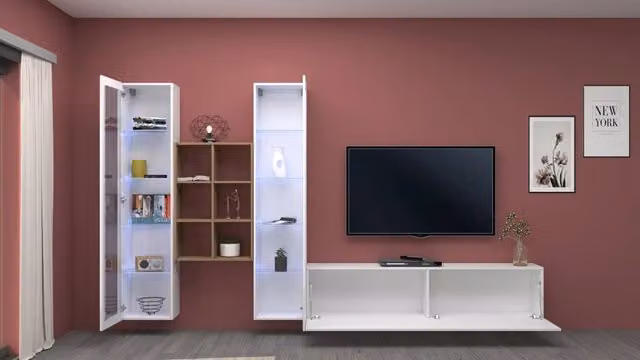 Parete attrezzata sospesa Yves WH bianca con 2 vetrine e illuminazione integrata per il tuo soggiorno – 1