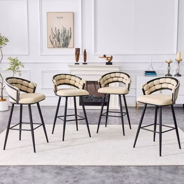 Sgabello da bar in velluto con schienale intrecciato e poggiapiedi, struttura in metallo beige nero 56.0 × 50.5 × 98.5 cm