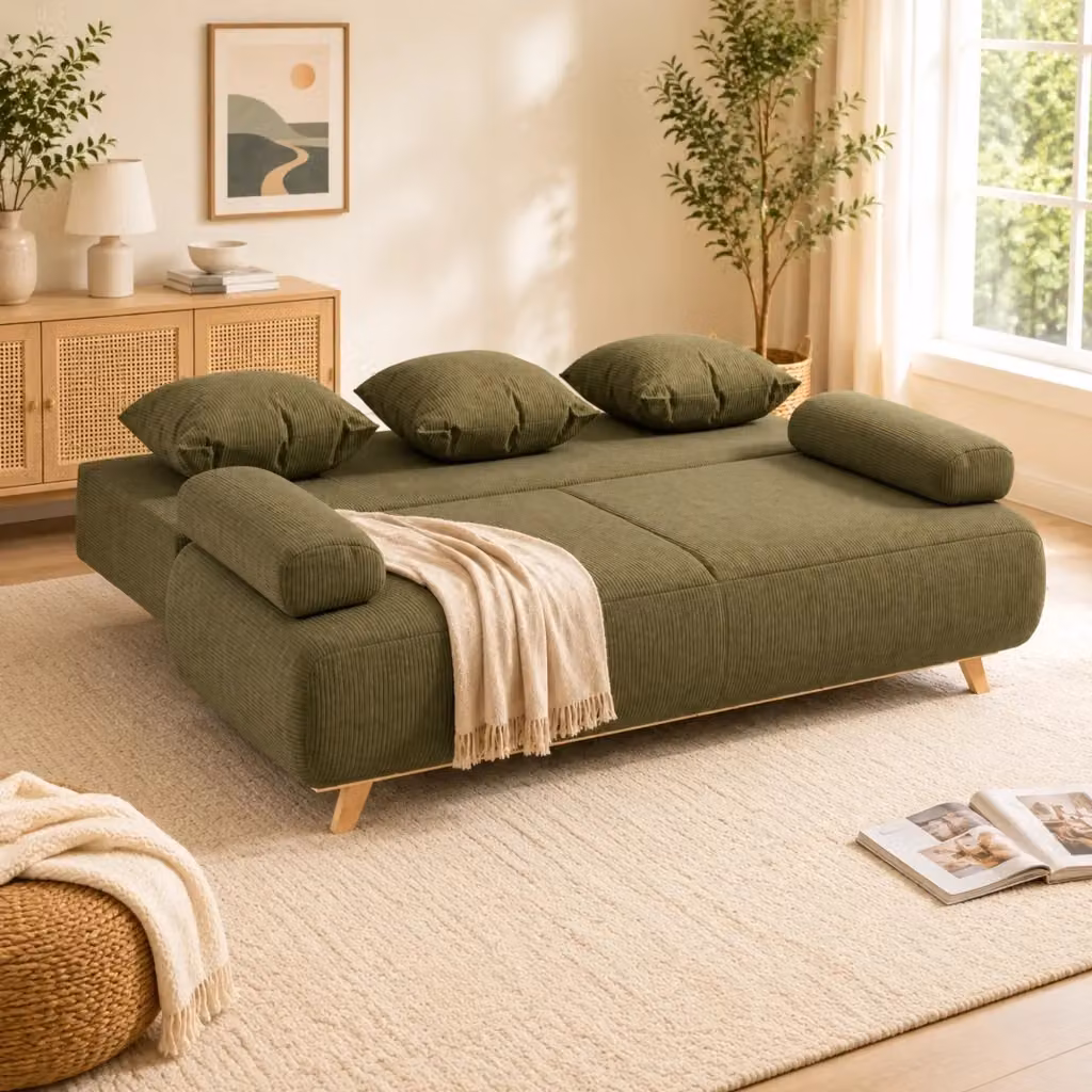 Divano letto MIVRAY a 3 posti in velluto verde con vano contenitore e 5 cuscini, dimensioni materasso 140 x 188 x 40 cm – 2