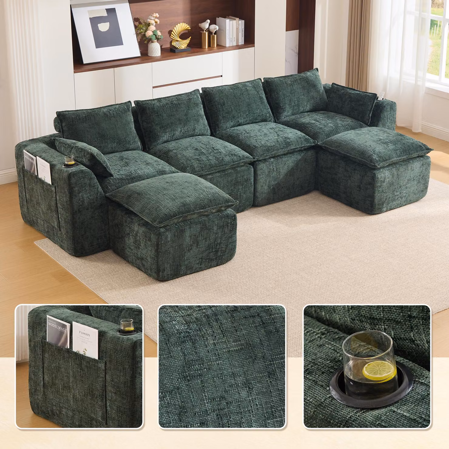 Divano componibile LVHOM XXL a 4 posti in ciniglia, divano a U con portabevande e tasche laterali, divano grande, 322 cm, verde