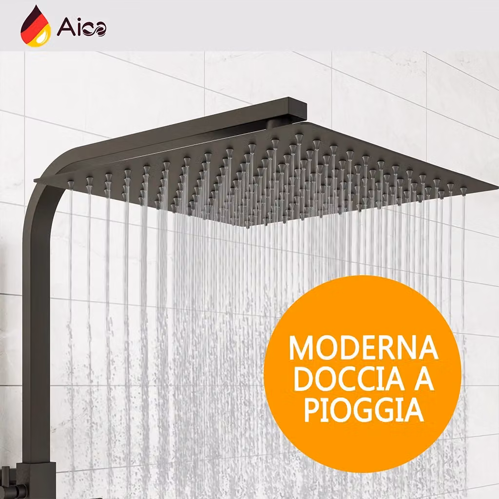 Colonna doccia AICA con miscelatore termostatico e soffione quadrato in acciaio inox nero, rubinetto rettangolare 28x4 cm e soffione 30x30 cm – 2