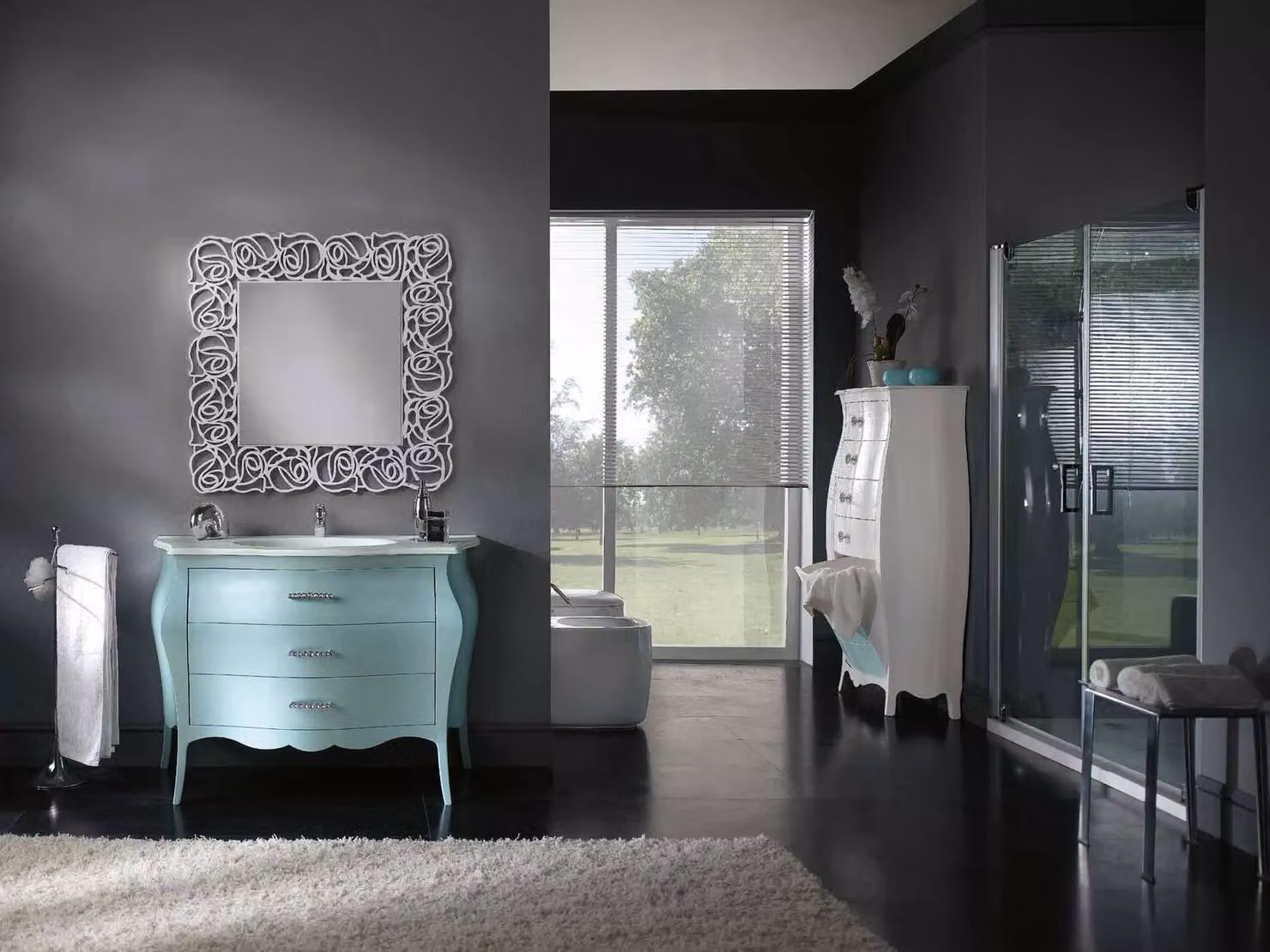 Mobile bagno con 3 cassetti Mobili 2G laccato acqua marina madreperla L: 118 cm, P: 55 cm, H: 82 cm – 3