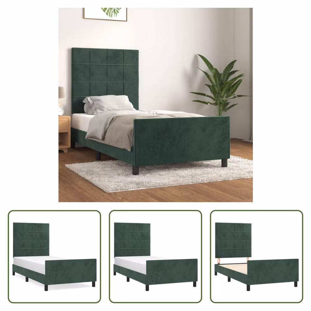 The Living Store Struttura letto con testiera in velluto verde scuro 90x200 cm