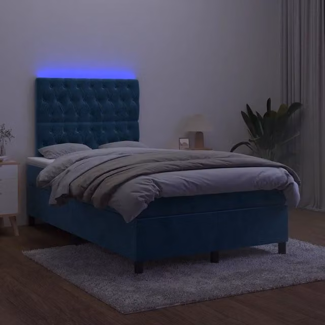 Letto matrimoniale con materasso ibrido vidaXL in velluto blu scuro con illuminazione LED sottostante e porta USB, L/P/H: 120 x 200 x 123 cm