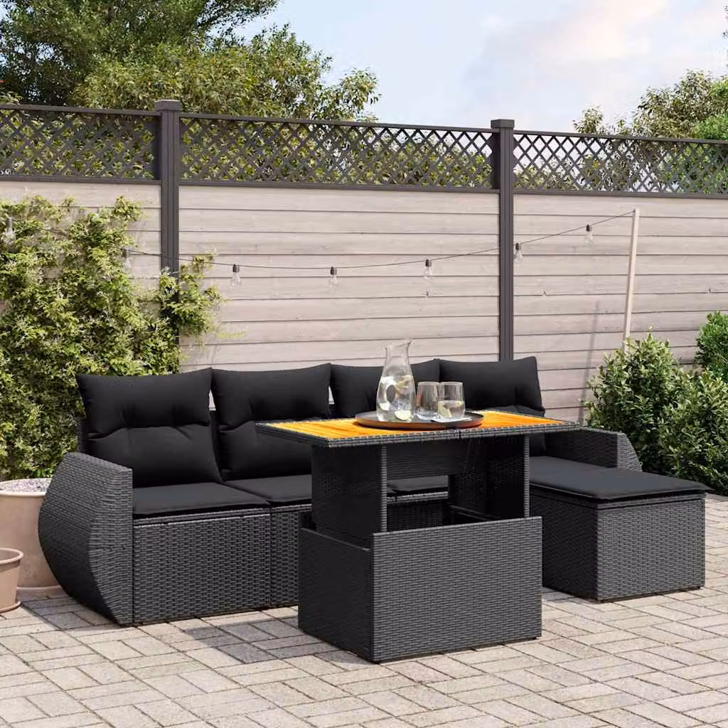 Set Divano da Giardino vidaXL 6 pz in Polyrattan Nero con Cuscini e Ottoman – 1
