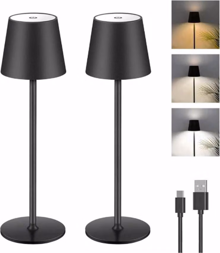 2 pezzi Lampada da tavolo ricaricabile a LED dimmerabile, lampada da tavolo touch wireless con USB-C, lampada da tavolo ricaricabile a LED in metallo per esterni e interni, alluminio, IP44 impermeabile, 5600mAh, 5W, nero