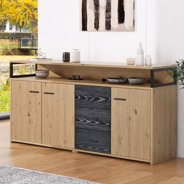 Credenza Moderna Aosom per Soggiorno e Cucina con 3 Ante e 3 Cassetti, Maniglie in Metallo, Nero Marrone, L 150 x P 35 x H 75.9 cm – 1