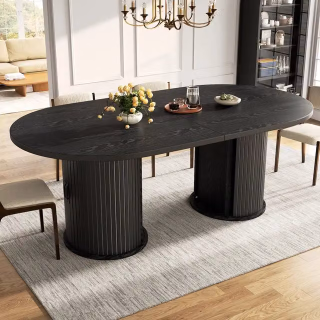 Tavolo allungabile moderno WISHDOR con piano ovale in MDF laminato e struttura in metallo, nero – 1