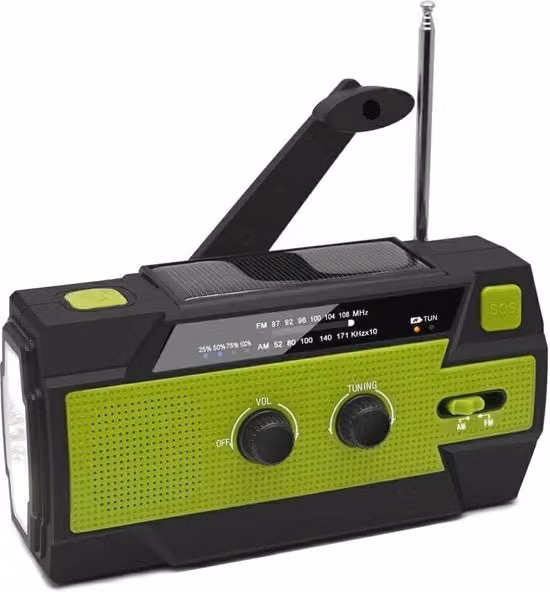 Radio portatile con energia solare e batteria verde per campeggio ed emergenze con funzioni FM e AM