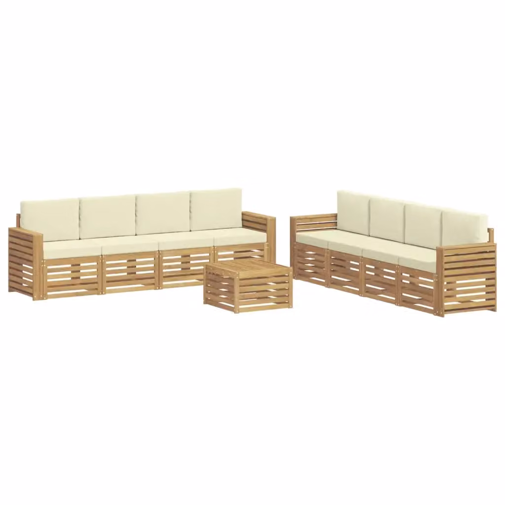 Set di mobili da giardino vidaXL in legno di acacia con divano a 3 posti, tavolino da caffè e cuscini, colore bianco e beige – 2