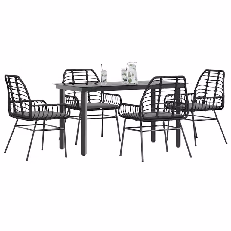 Set da pranzo da giardino vidaXL in polyrattan con tavolo in vetro e 5 cuscini, nero e grigio