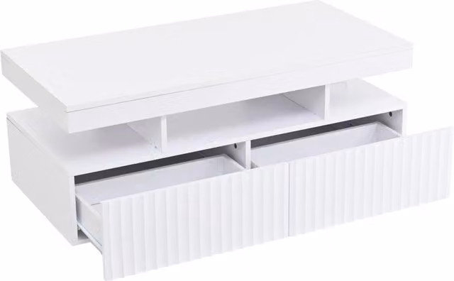 Tavolino da salotto bianco 100x50x45 cm con 2 cassetti a righe verticali, LED integrato e vano espositivo