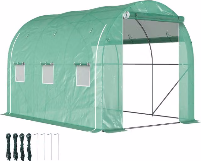 Outsunny Serra a tunnel da giardino verde con 1 porta, 2 pareti laterali zippate arrotolabili e 6 finestre, L: 3 m, P: 2 m, H: 2 m