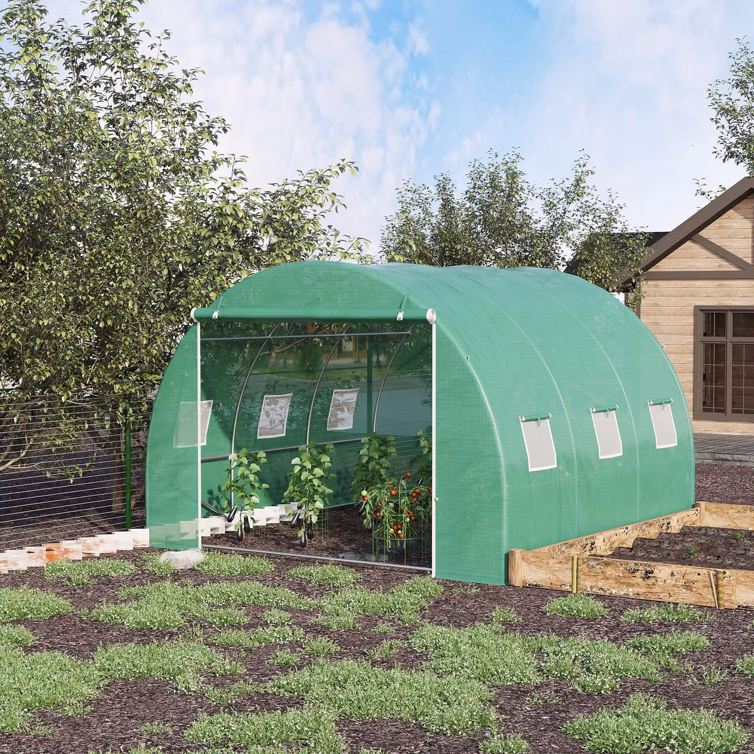 Outsunny Serra da giardino a tunnel verde con porta a rullo e 6 finestre in rete, L/P/H: 300 x 300 x 200 cm – 2