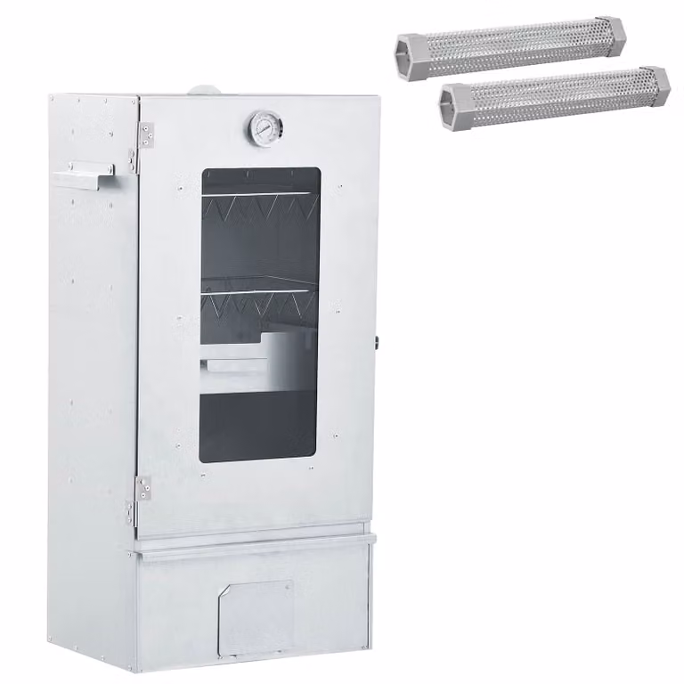 Affumicatore a freddo con tubo vidaXL in acciaio inossidabile e galvanizzato, colore argento, con termometro, L: 44,5 cm, P: 29 cm, H: 83 cm