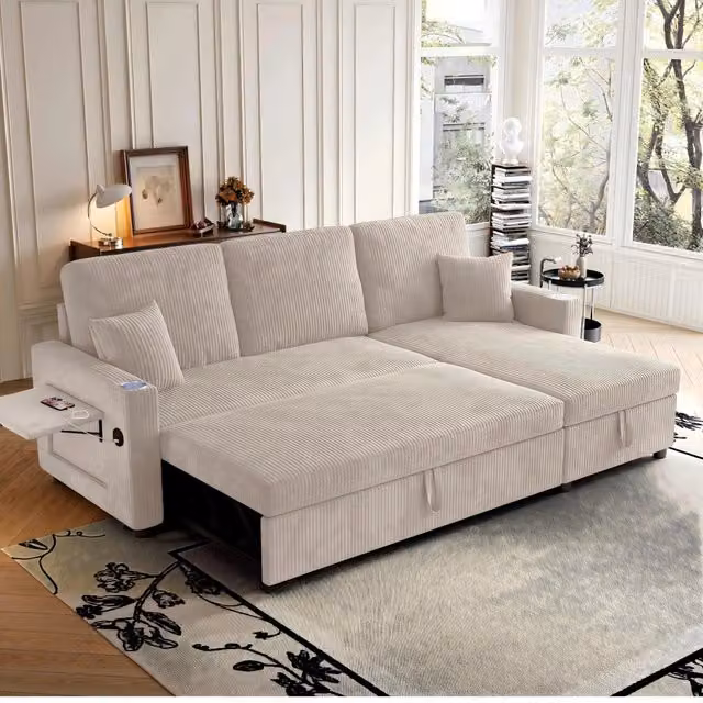 Divano letto modulare estraibile con contenitore in velluto a coste beige
