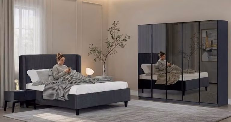 Set da camera da letto: letto, armadio e 2 comodini, stile moderno, nero