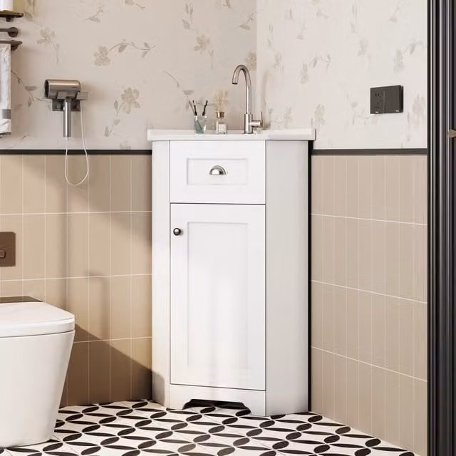 Set mobile bagno sospeso bianco con lavabo integrato, cassetto e specchio LED ovale