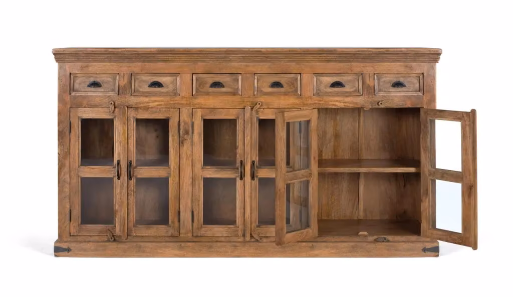 Credenza classica Giner Y Colomer in legno di mango marrone con ante in vetro e ripiani interni per sala da pranzo – 2