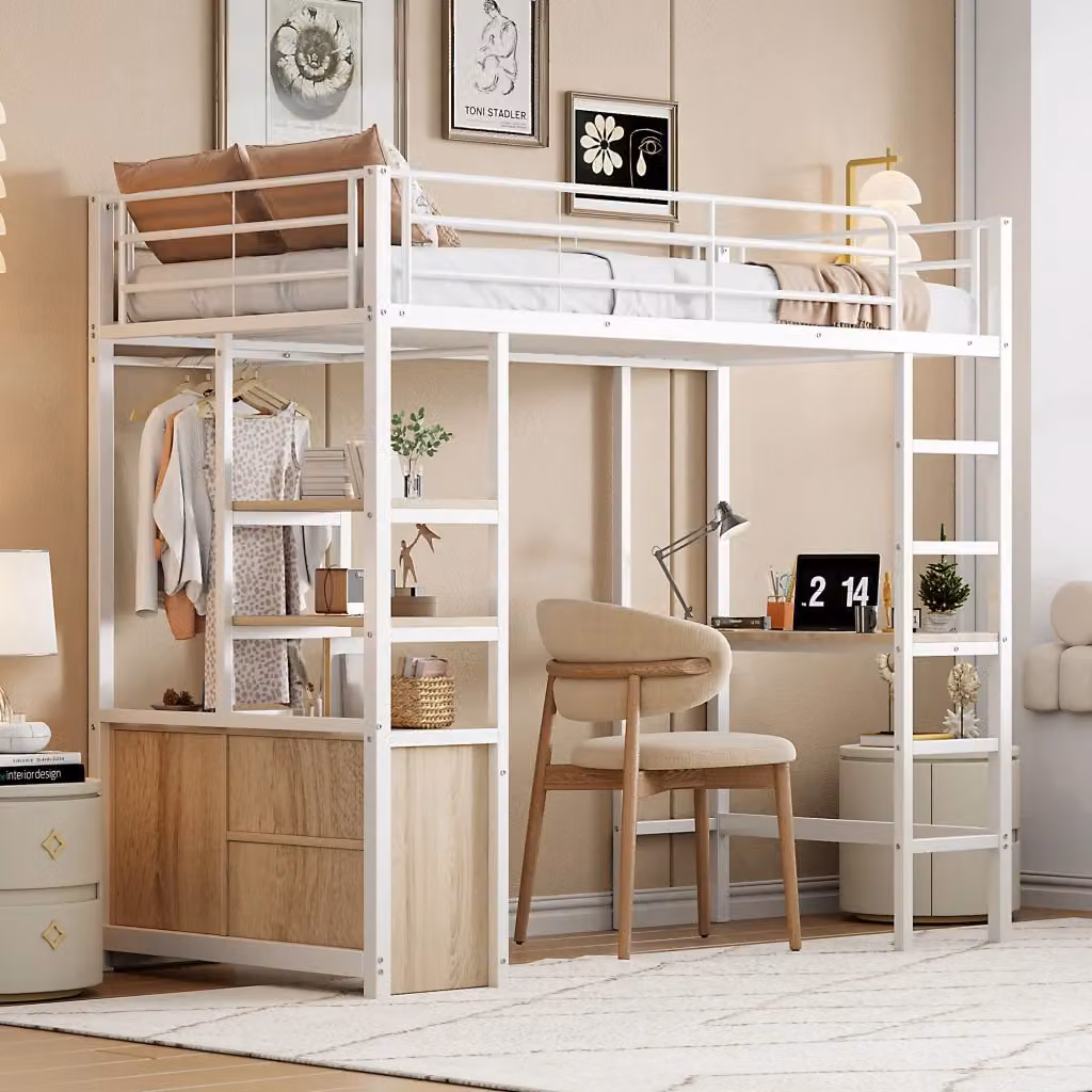 Letto a soppalco singolo REDOM con scrivania e ripiani laterali, bianco, L/P/H: 200 x 90 x 120 cm – 2