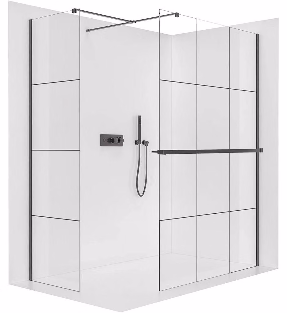 Pannello doccia walk-in Onyx T, destro/sinistro - 8 mm - profilo squadrato + ripiano/portasciugamani - vetro nero opaco, stile industriale - 150x90x200 cm