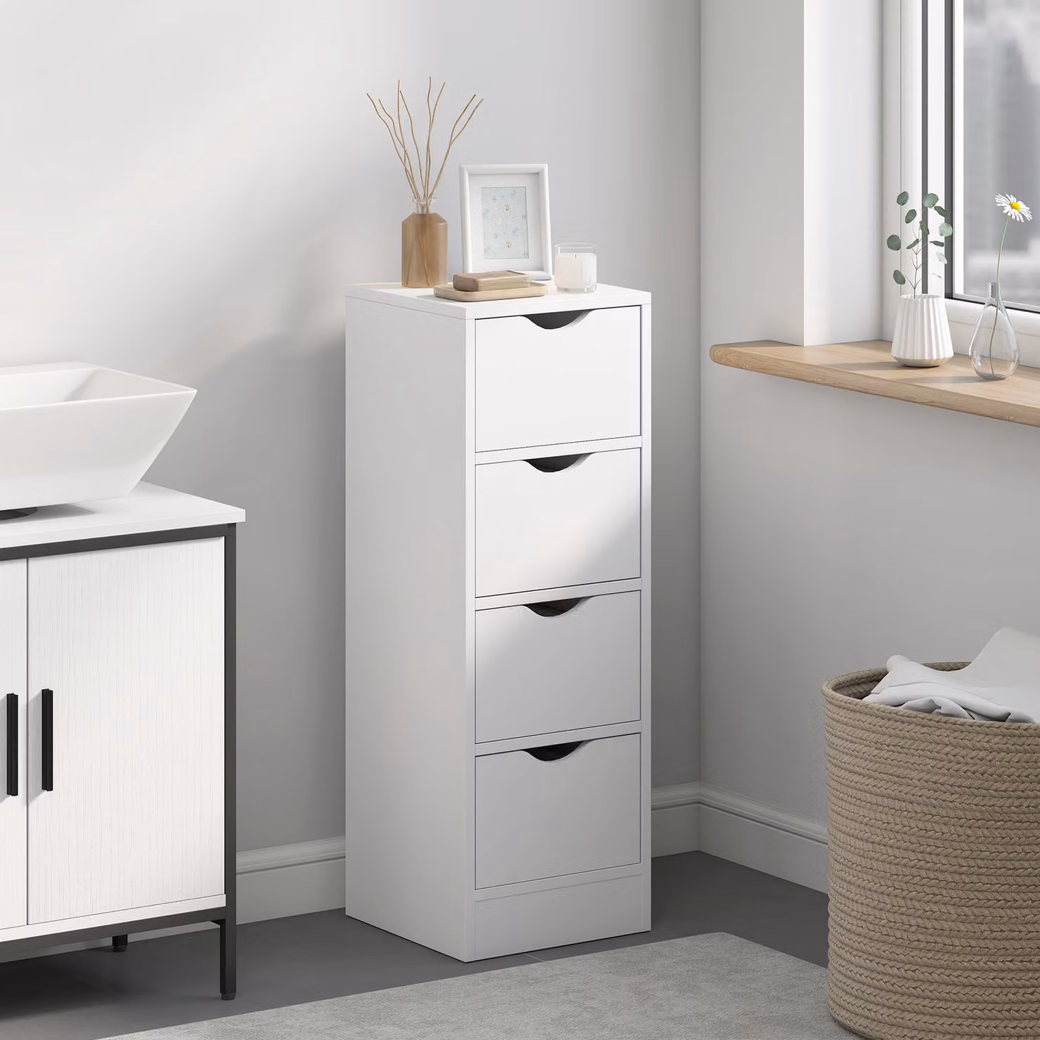 Mobiletto Salvaspazio per Bagno HOMCOM con 4 Cassetti e Maniglie Intagliate in Stile Nordico, Colore Bianco, L/P/H: 29 x 29 x 83 cm – 2