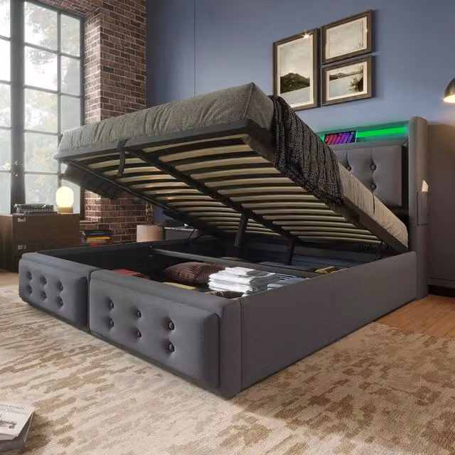 Letto Matrimoniale Imbottito Minimal con Contenitore Idraulico, Testiera con LED, USB e Mensola, Grigio, L/P: 180 x 200 cm – 1