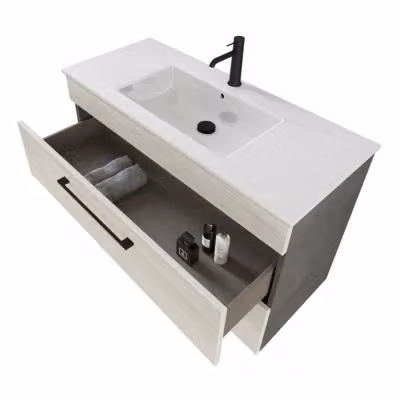 Mobile bagno sospeso Smart bianco e legno con specchio LED e cassetto L/P/H: 100 x 43 x 62 cm – 2