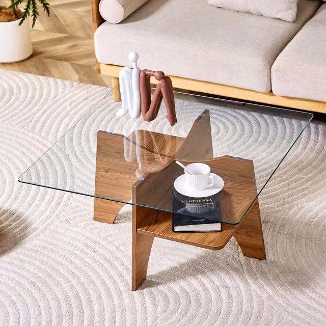 Tavolino da salotto quadrato in vetro di sicurezza 80 cm, gambe MDF effetto noce, design moderno per soggiorno e ufficio