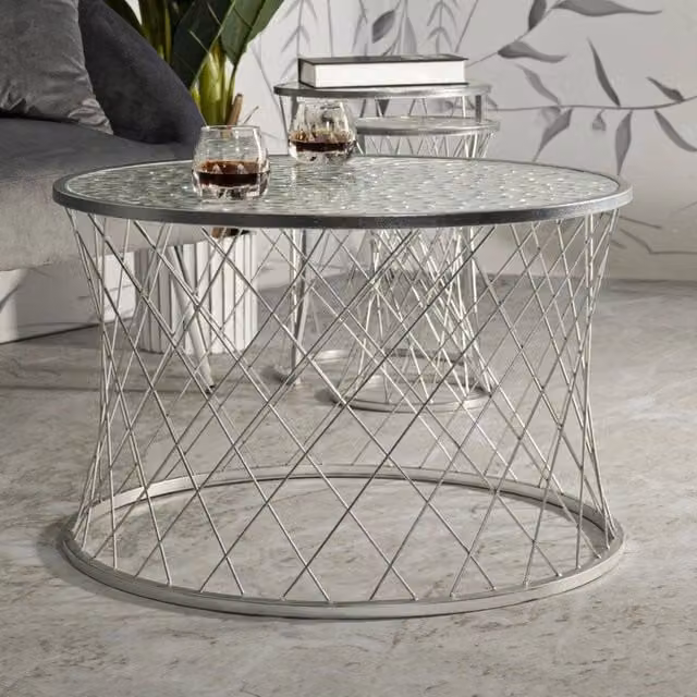 Set di 4 tavolini da salotto Cabiaglio DMORA, tavoli bassi quadrati in vetro e metallo, Argento, L/P/H: 70 x 70 x 55 cm – 1