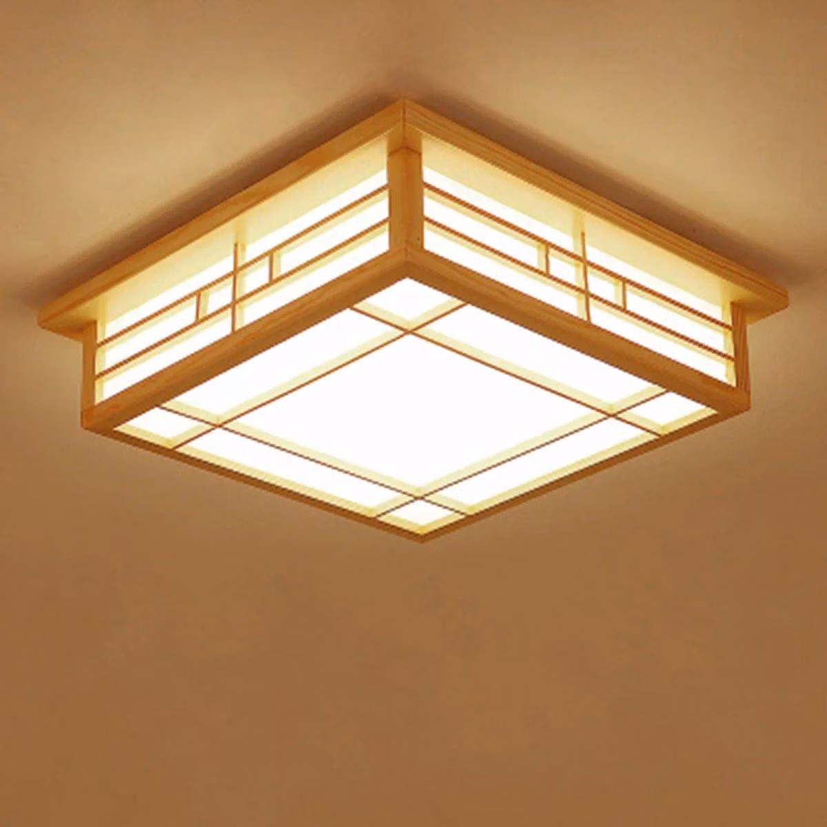 Lampada a soffitto in stile giapponese - lampada in legno quadrata - luce LED calda da 24W - 45x45 cm