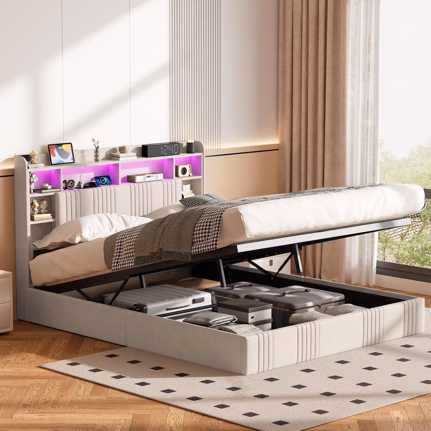 Letto imbottito 140x200 cm con spazio contenitore a sollevamento idraulico, illuminazione LED, testiera con scaffali, porte USB e Type-C, 2 prese di corrente, rete a doghe, colore beige, senza materasso