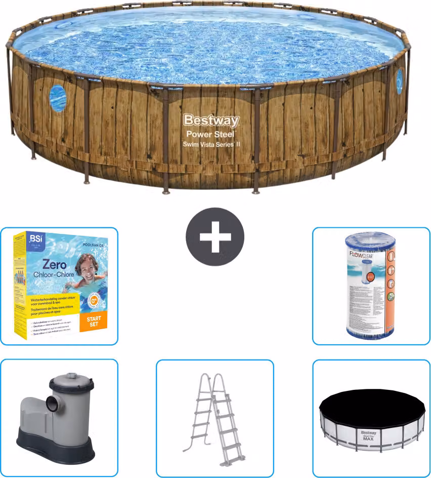 Piscina Bestway Round Power Steel Swim Vista - stampa su legno - 549 x 122 - compresa pompa - scaletta - copertura pacchetto manutenzione - filtro