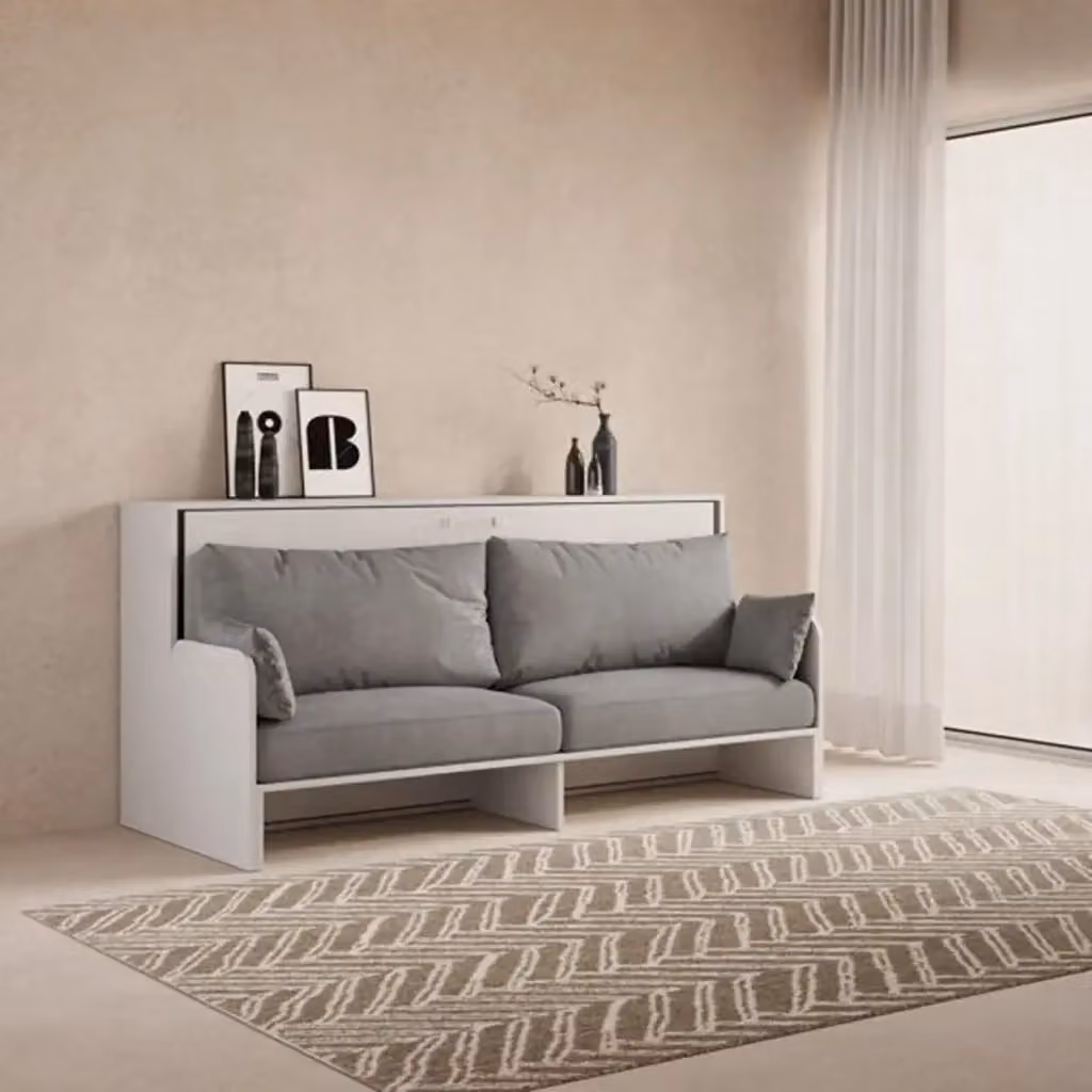 Letto singolo a scomparsa Kando con divano Kivio in legno e tessuto, bianco e grigio – 2