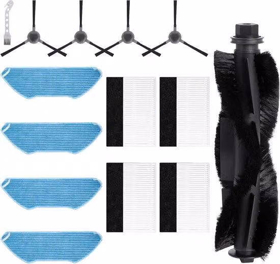 Accessori per robot aspirapolvere: spazzola principale, filtro, disco di pulizia, spazzola laterale.