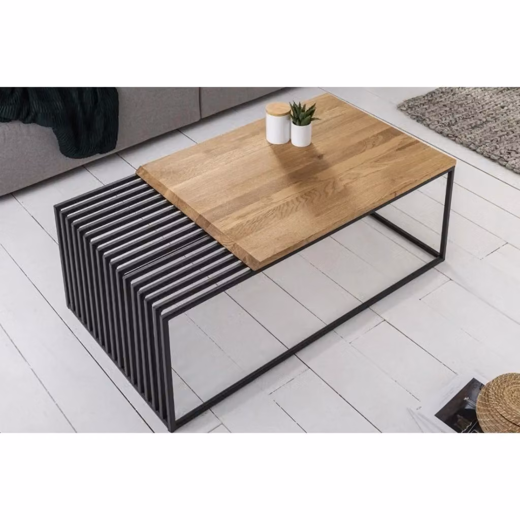 Tavolino basso rettangolare Meublorama in legno di quercia e metallo, moderno, marrone e multicolore, L: 100 cm, P: 55 cm, H: 40 cm – 2