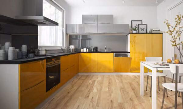 Blocco cucina 340x350cm bianco/grigio chiaro - giallo colza laccato lucido moderno