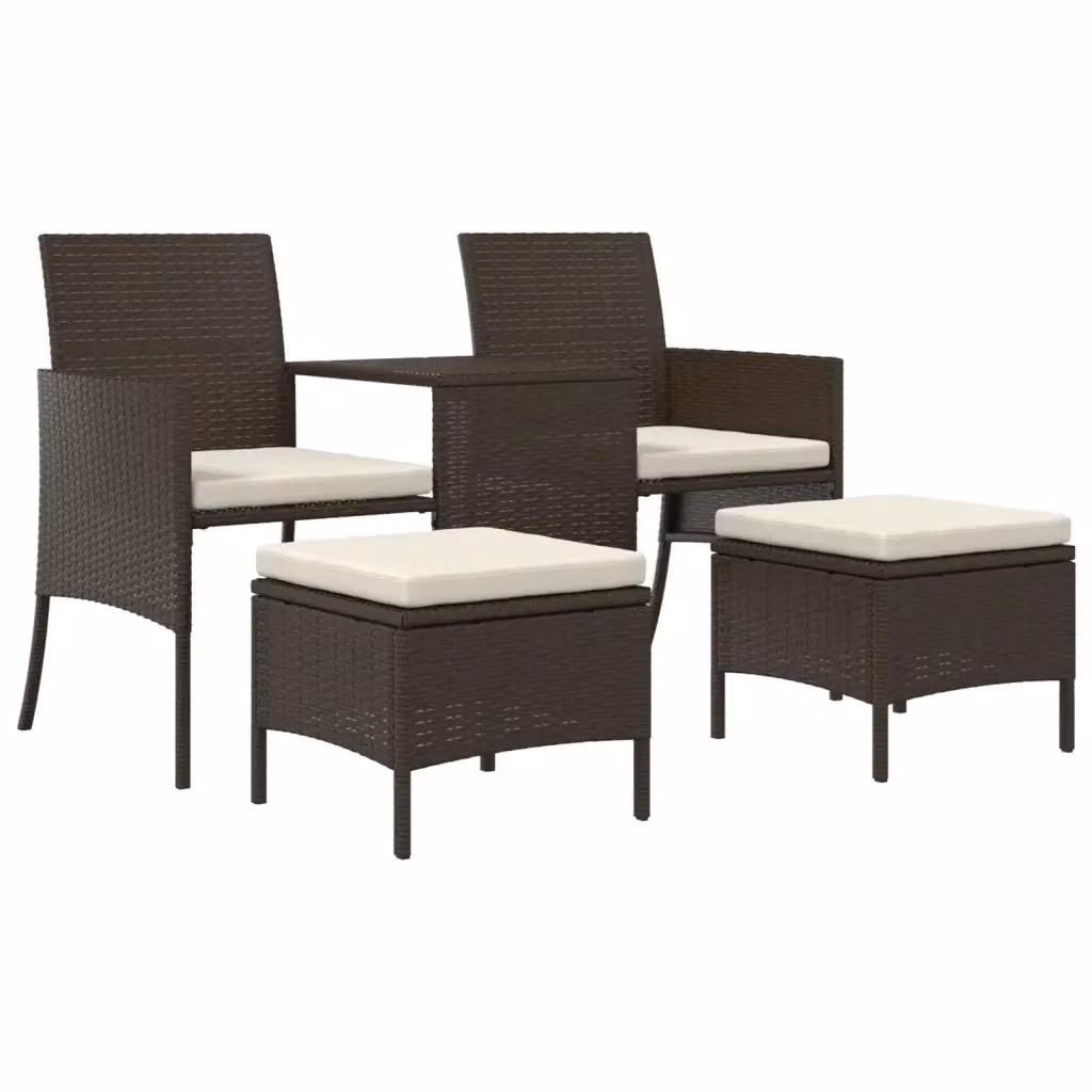 Set da giardino vidaXL composto da divano da esterno a 2 posti, tavolino da caffè e pouf con cuscini in tessuto marrone e bianco – 2