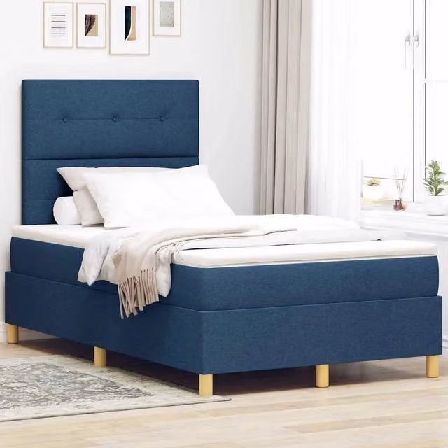 Letto a molle con illuminazione LED e luce da lettura vidaXL, testiera blu in tessuto, L 120 x P 200 cm – 1