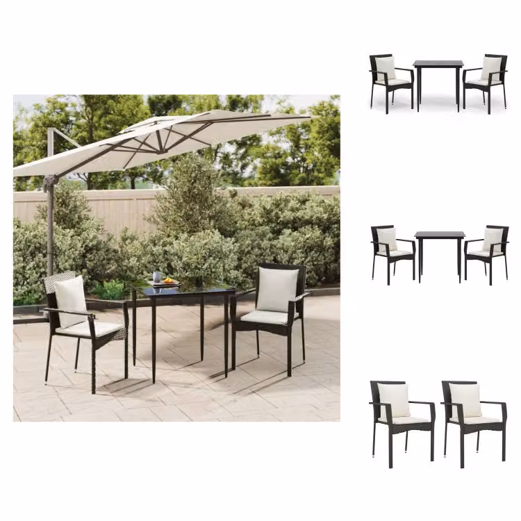 vidaXL set da pranzo da giardino 3 pezzi con cuscini in poly rattan nero - Set di mobili da giardino