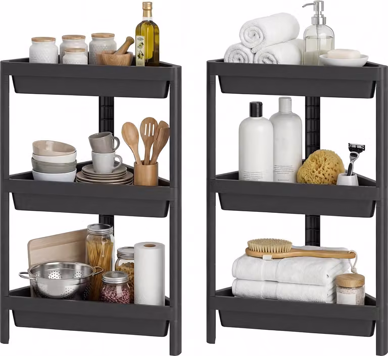 COSTWAY Set di 2 scaffali angolari a 3 ripiani, scaffale da bagno indipendente con design rimovibile e fori di drenaggio, organizer per riporre oggetti in spazi ridotti, cucina
