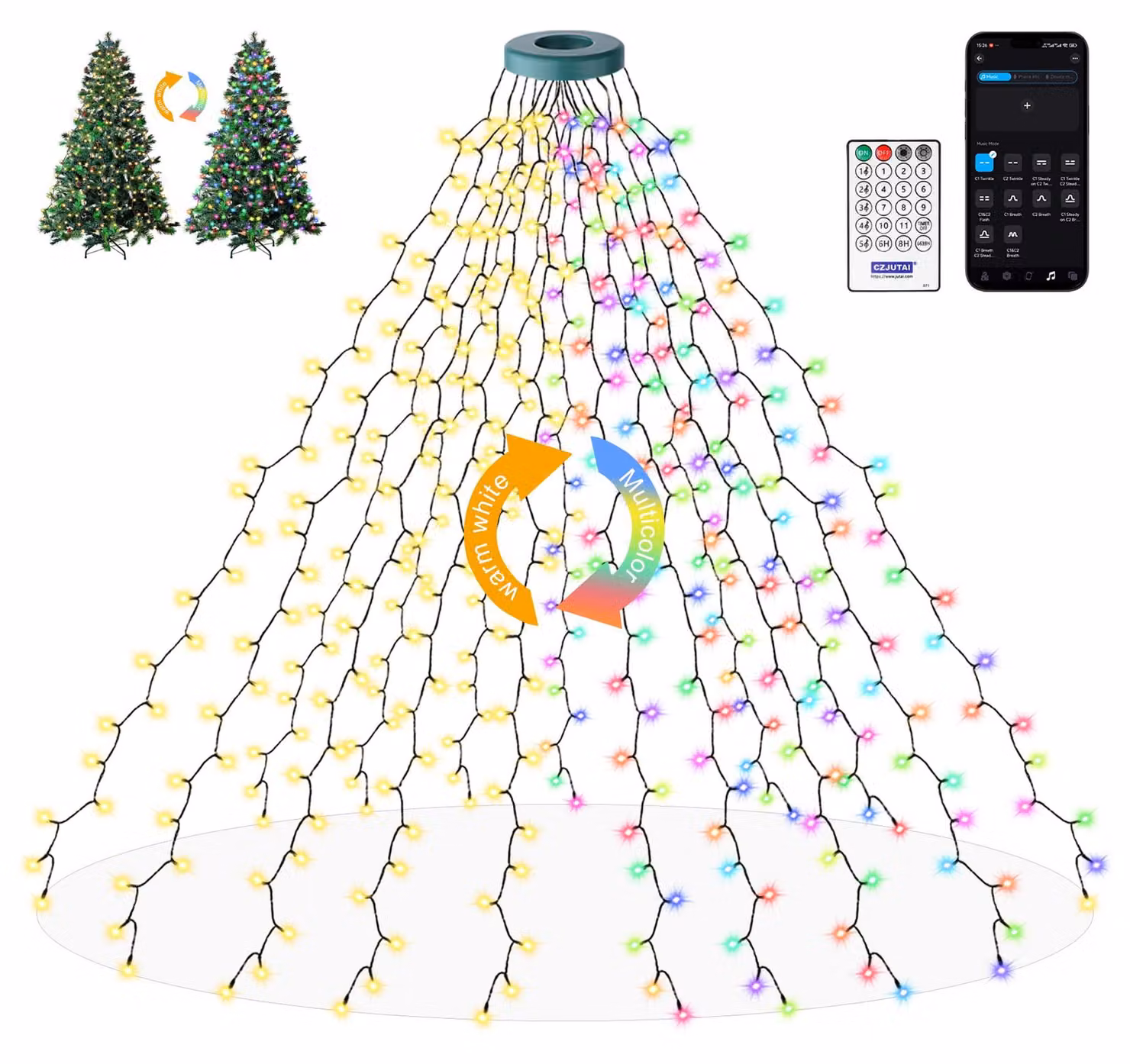 Catena luminosa per albero di Natale, 2 metri, 400 LED, 16 fili, 8 modalità, RGB